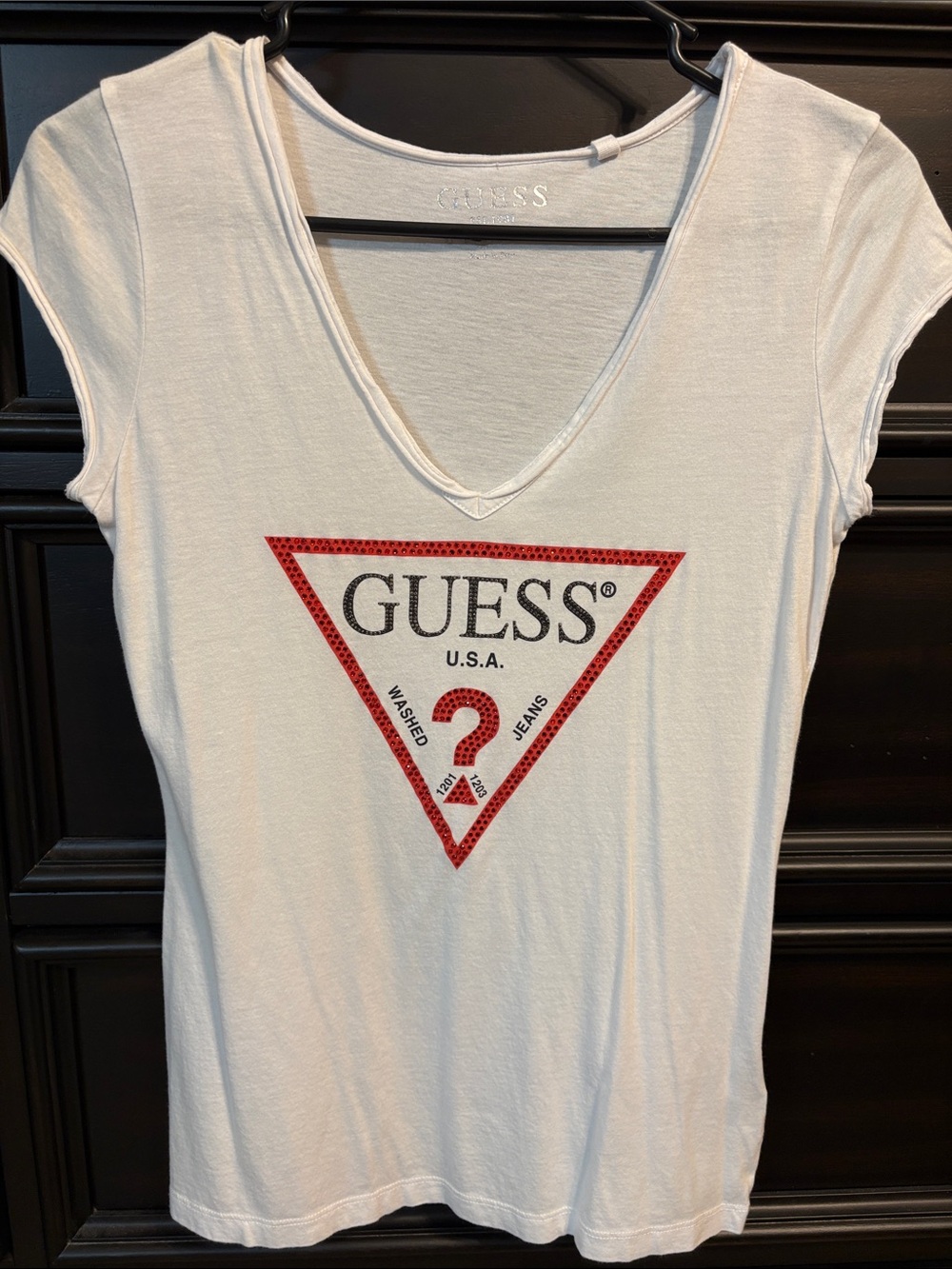 GUESS White V-Neck Tee with Red Triangle Logo
